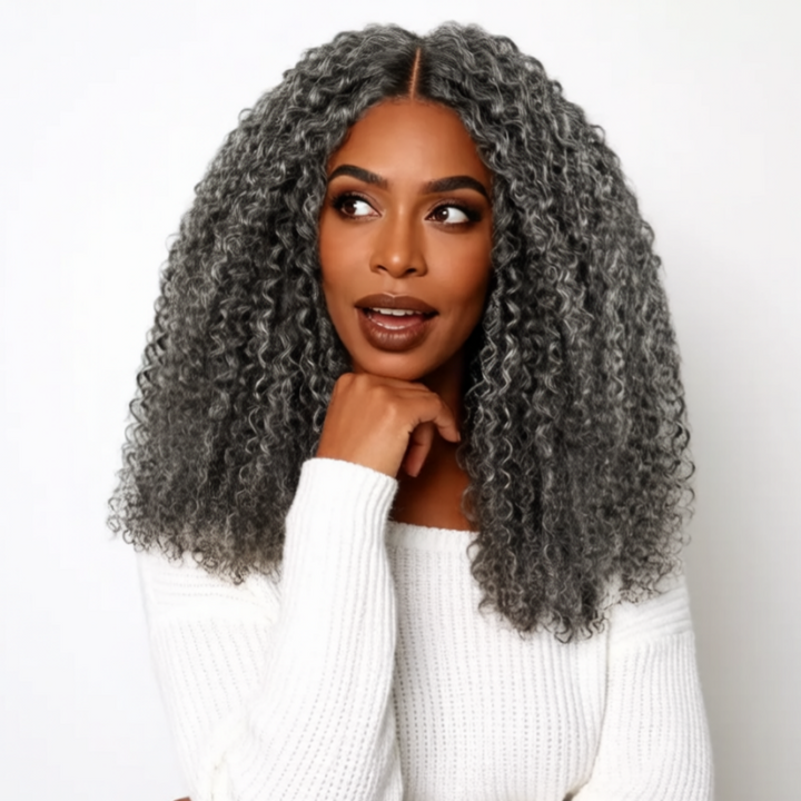 Salt Pepper Kinky Curly Glueless V Part Wig