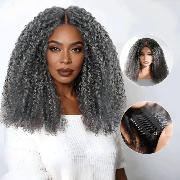 Salt Pepper Kinky Curly Glueless V Part Wig