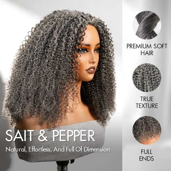 Salt Pepper Kinky Curly Glueless V Part Wig