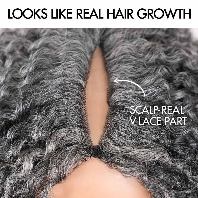 Salt Pepper Kinky Curly Glueless V Part Wig