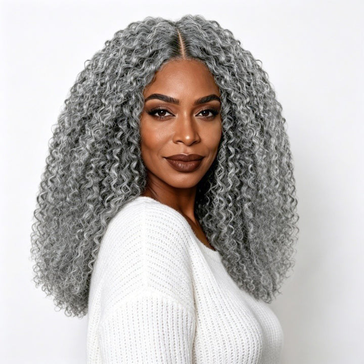 Salt Pepper Kinky Curly Glueless V Part Wig
