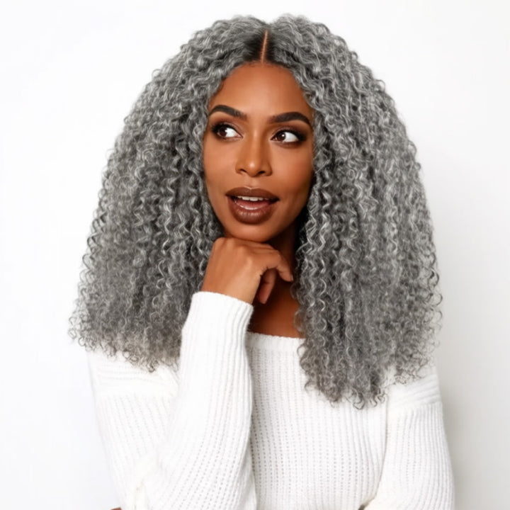 Salt Pepper Kinky Curly Glueless V Part Wig