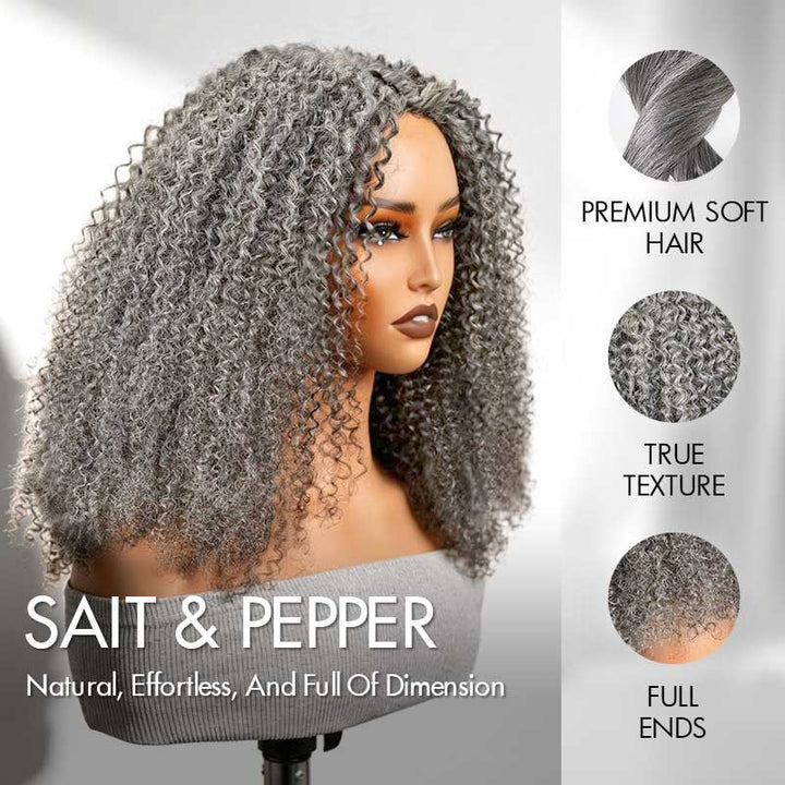 Salt Pepper Kinky Curly Glueless V Part Wig