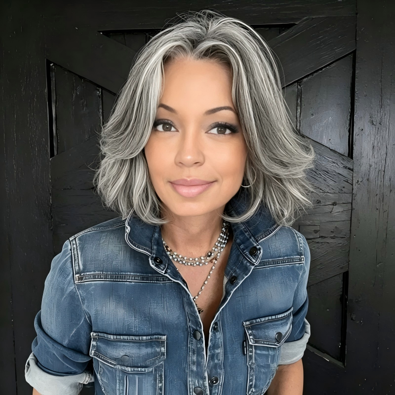 Salt Pepper Layered Cut Straight Bob 13x4 Transparent Lace Frontal Wig