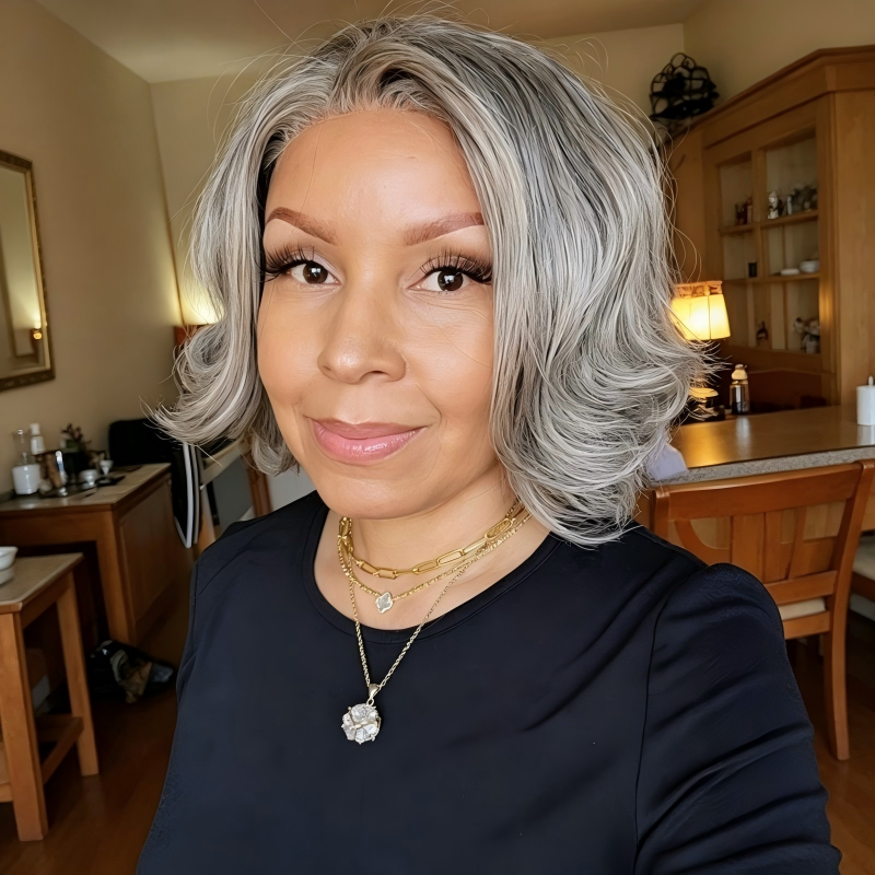 Salt Pepper Layered Cut Straight Bob 13x4 Transparent Lace Frontal Wig