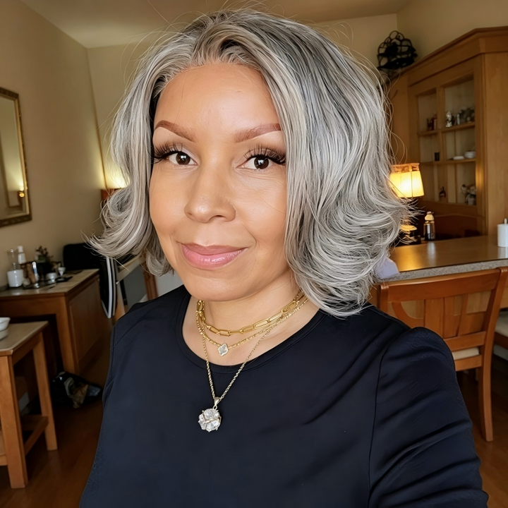 Salt Pepper Layered Cut Straight Bob 13x4 Transparent Lace Frontal Wig