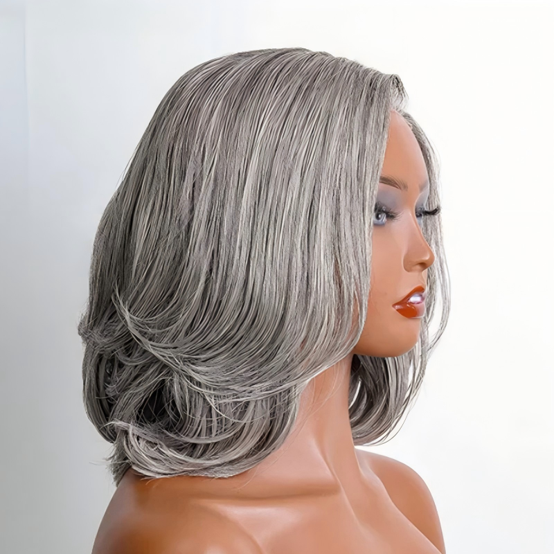 Salt Pepper Layered Cut Straight Bob 13x4 Transparent Lace Frontal Wig