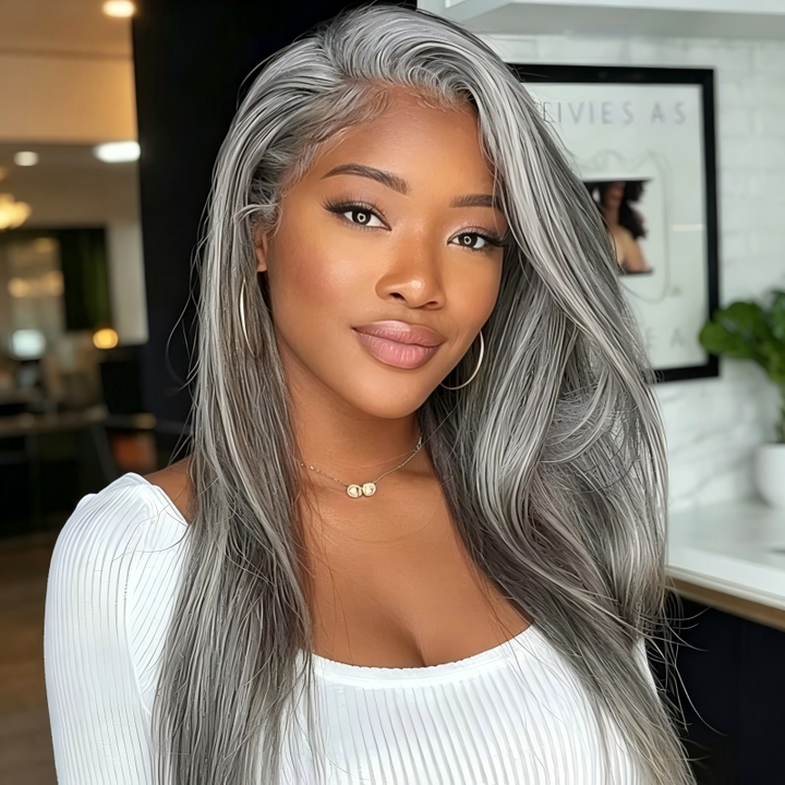 Straight Transparent Lace Salt Pepper 13x4 Full Frontal Wig