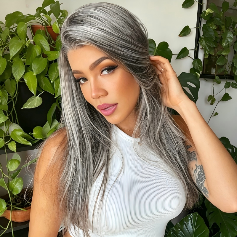 Straight Transparent Lace Salt Pepper 13x4 Full Frontal Wig