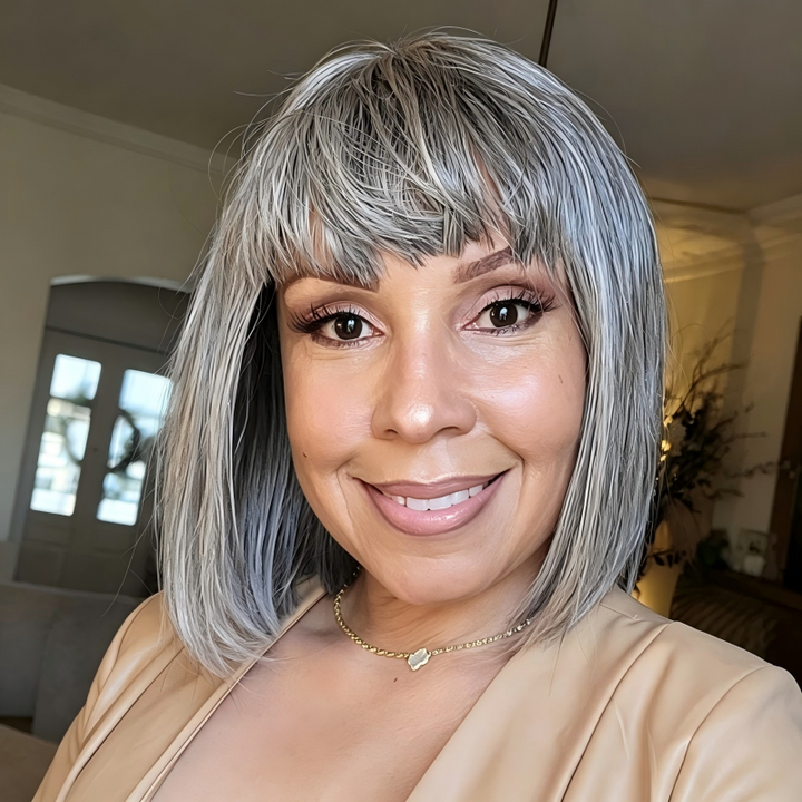 Salt Pepper With Blunt Bangs 13x4 Transparent Lace Front Wig