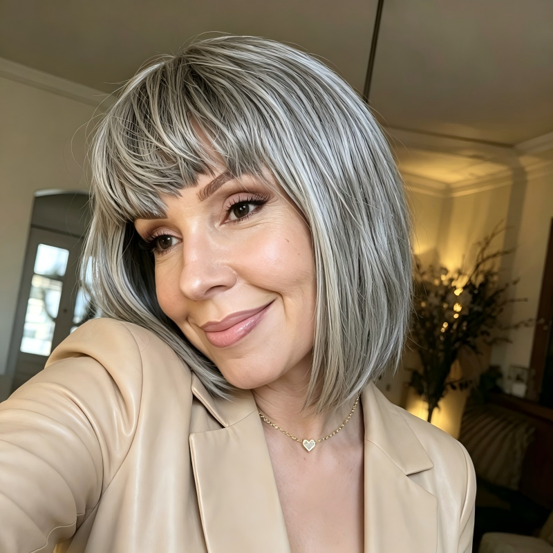 Salt Pepper With Blunt Bangs 13x4 Transparent Lace Front Wig