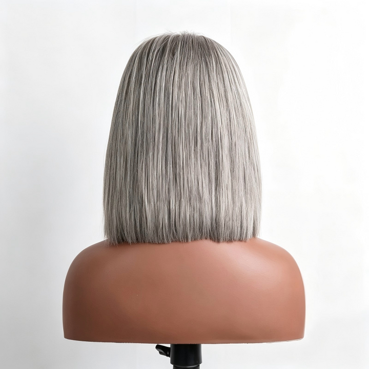 Salt Pepper With Blunt Bangs 13x4 Transparent Lace Front Wig