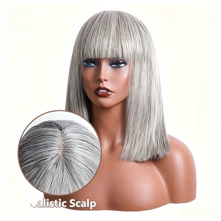 Salt Pepper With Blunt Bangs 13x4 Transparent Lace Front Wig