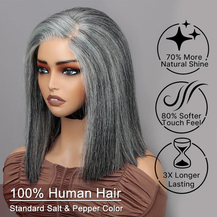Straight Bob Transparent Lace Salt Pepper 5x5 Closure Wig