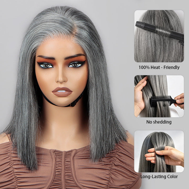 Straight Bob Transparent Lace Salt Pepper 5x5 Closure Wig