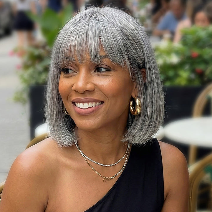 Straight Bob With Bangs Transparent Lace Salt Pepper 5x5 Closure Wig