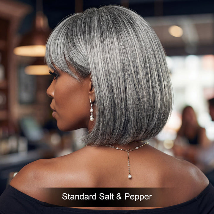 Straight Bob With Bangs Transparent Lace Salt Pepper 5x5 Closure Wig