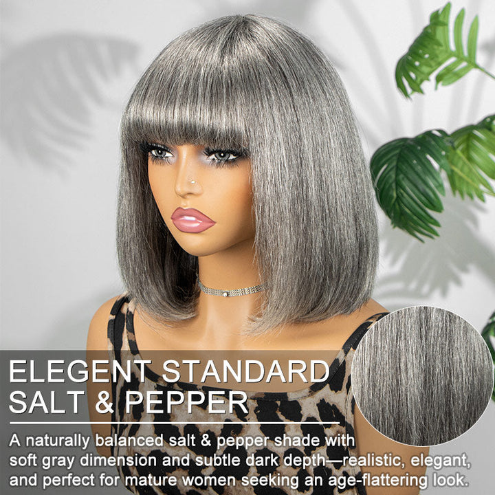 Straight Bob With Bangs Transparent Lace Salt Pepper 5x5 Closure Wig