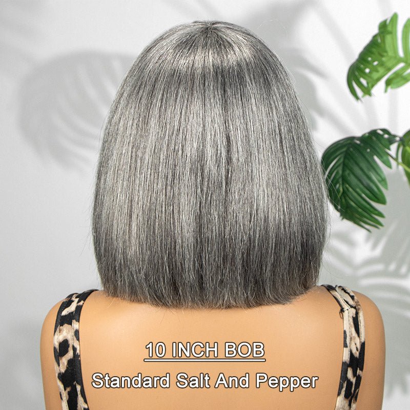 Straight Bob With Bangs Transparent Lace Salt Pepper 5x5 Closure Wig