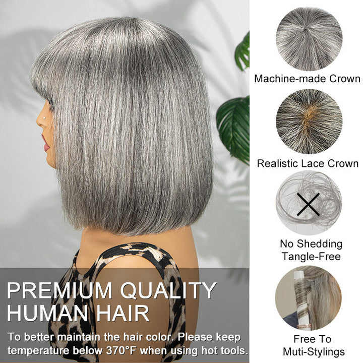 Straight Bob With Bangs Transparent Lace Salt Pepper 5x5 Closure Wig