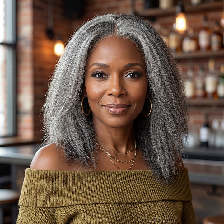 Yaki Straight Bob Transparent Lace Salt Pepper 5x5 Closure Wig