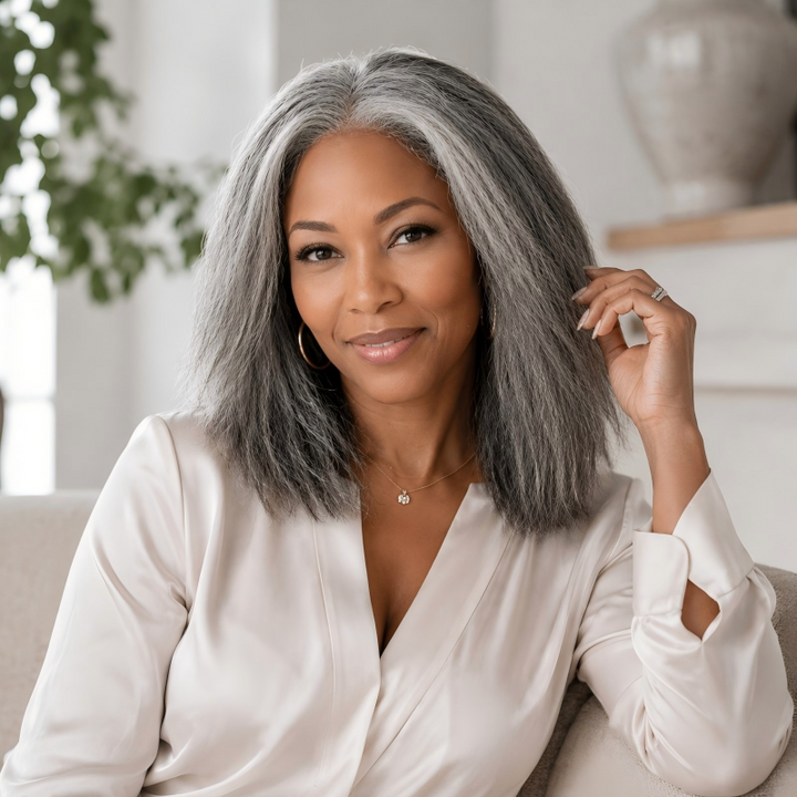 Kinky Straight Bob Transparent Lace Salt Pepper 5x5 Closure Wig