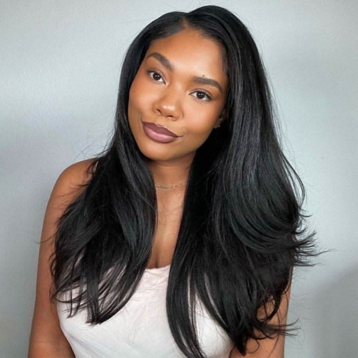 KRN Yaki Straight Half Wig 250% Density Flexible Fit Drawstring Human Hair Wig