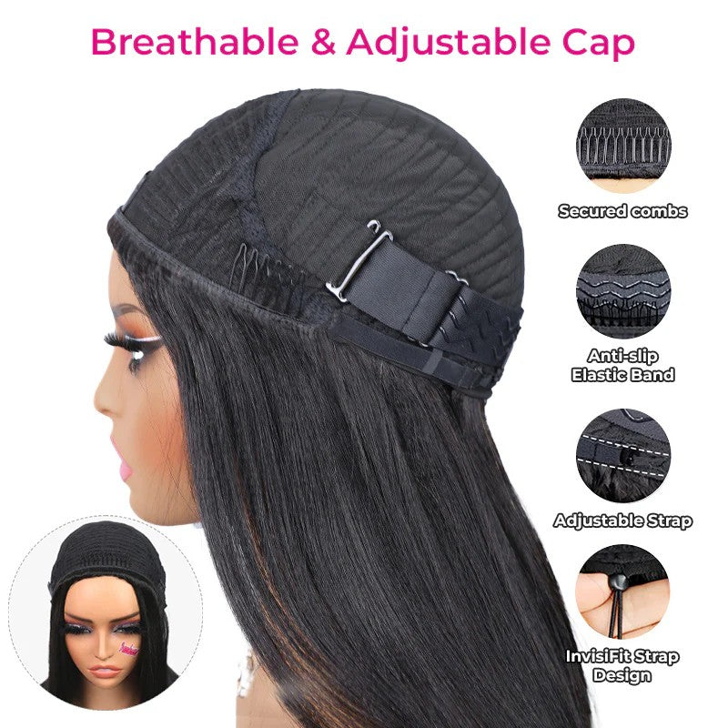 KRN Yaki Straight Half Wig 250% Density Flexible Fit Drawstring Human Hair Wig