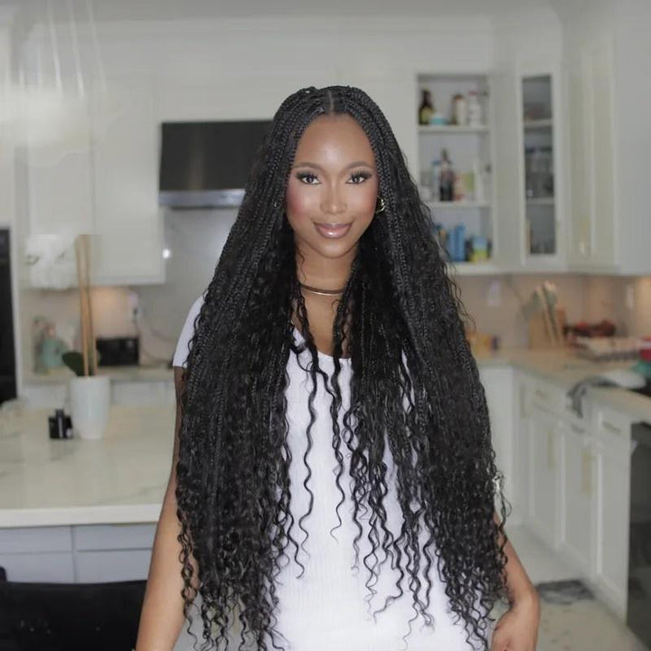 Boho Box Braid Crochet Hair with Human Hair Curls Crochet Braids Synthetic Braids with Human Hair Curls Ends for Black Women