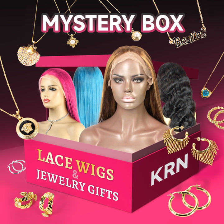 KRN Human Hair Mystery Box with Random Lace Wigs & Cute Jewelry Surprise Gifts